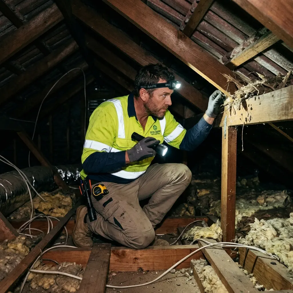Technician inspecting a roof cavity for a dead animal in Narre Warren South